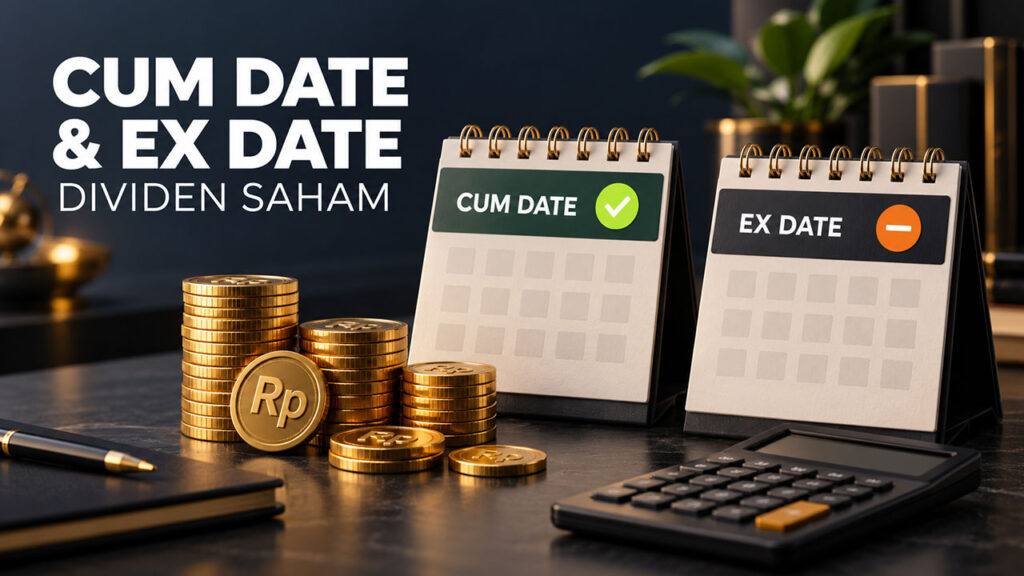 kalender cum date dan ex date dividen saham dengan tumpukan koin rupiah dan kalkulator