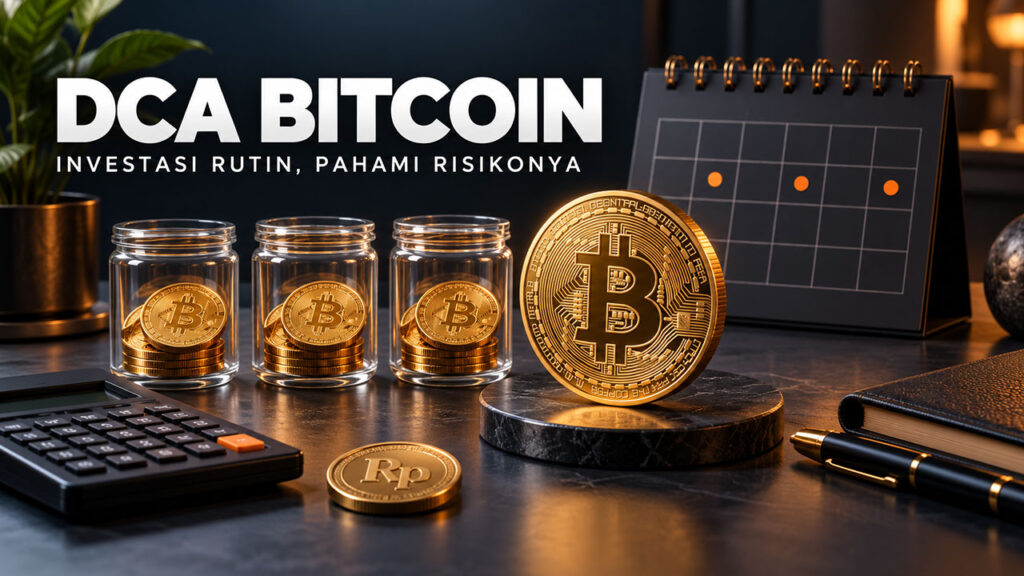 Ilustrasi DCA Bitcoin dengan koin dalam tiga wadah, kalender pembelian rutin, dan kalkulator
