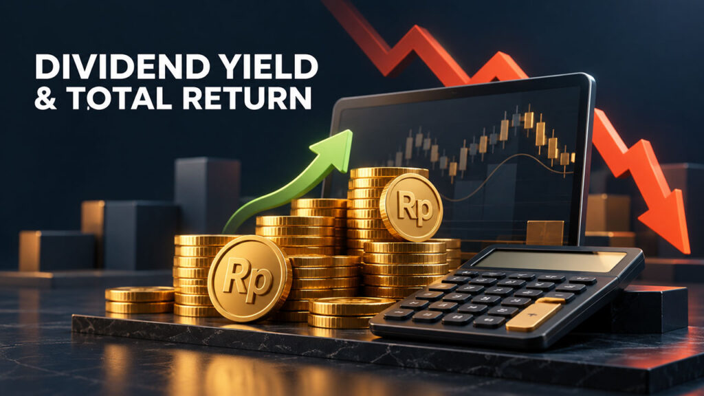 Ilustrasi dividend yield dan total return saham dengan koin rupiah, kalkulator, serta grafik harga saham menurun.